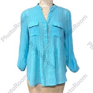 ZAC & RACHEL | Sheer Tunic Top Blouse Pleated Half Button Down Light‎ Blue L